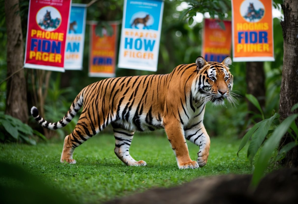 A tiger prowling through a jungle with promotional banners hanging from the trees