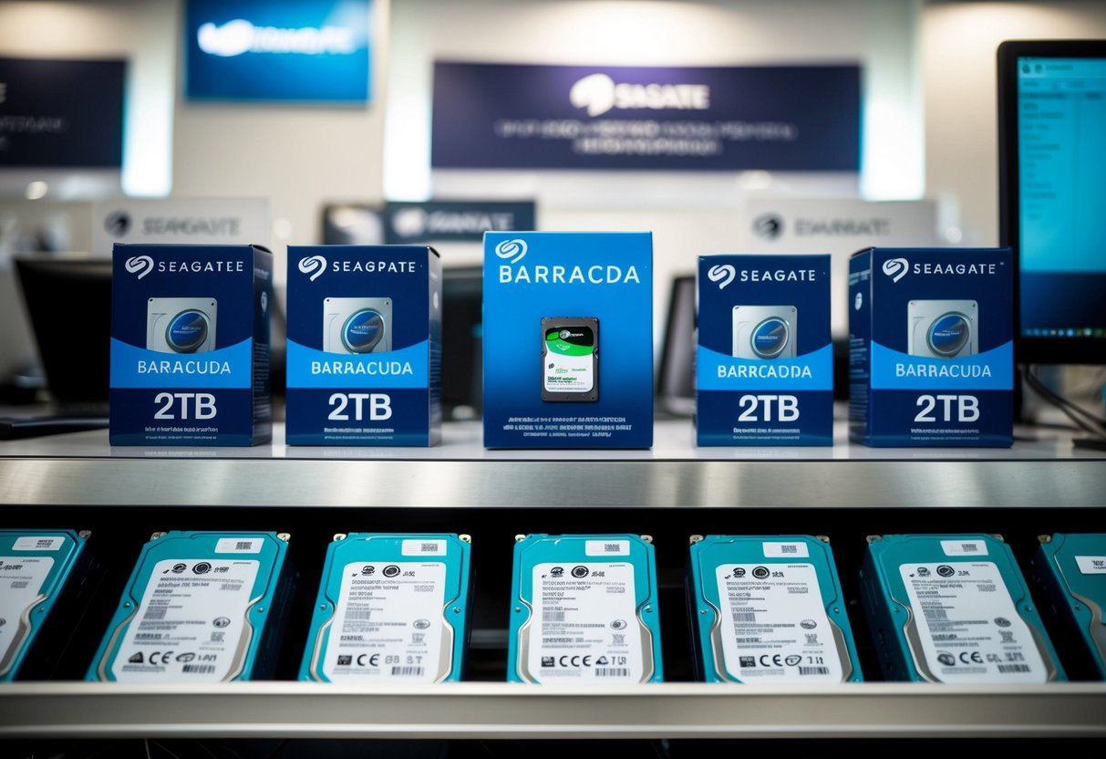 A computer store display showcasing Seagate BarraCuda 2TB hard disks with promotional banners and product boxes arranged neatly on shelves