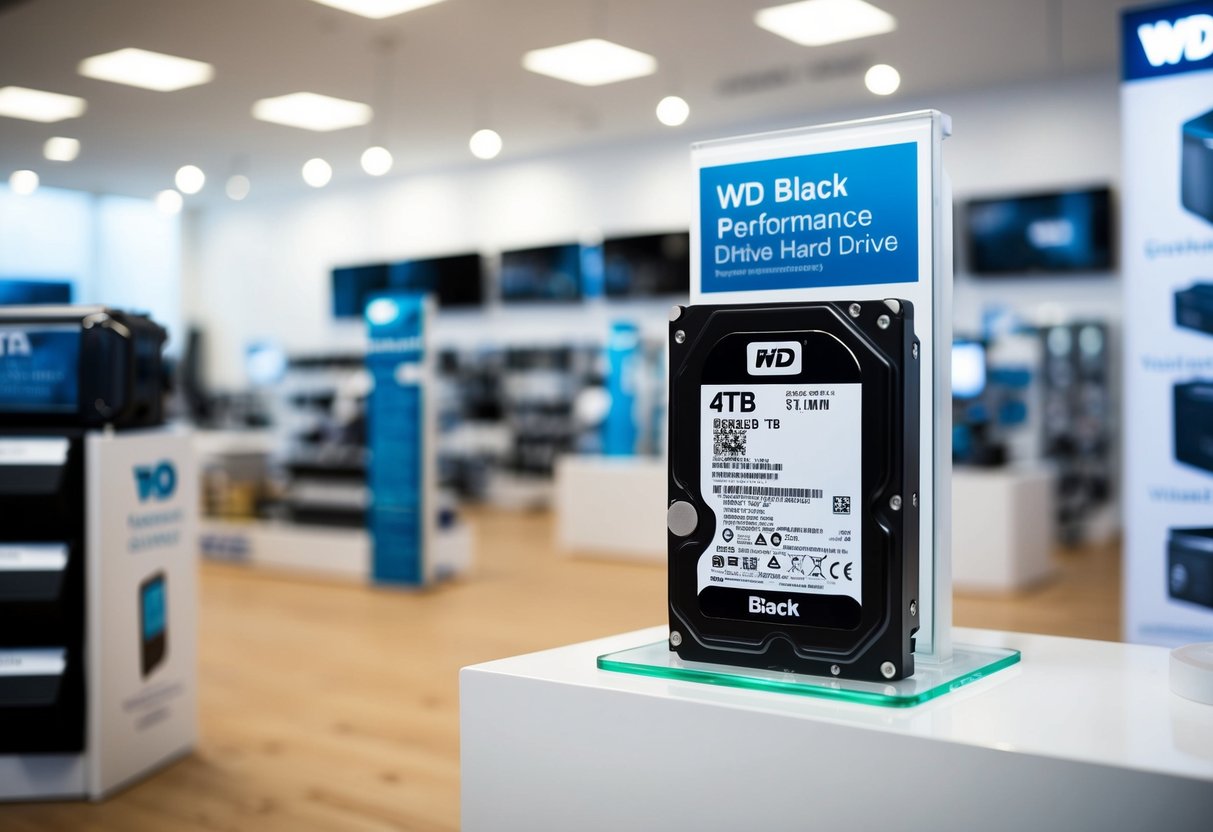 A sleek, black WD Black 4TB Performance Hard Drive displayed with promotional signage in a clean, modern electronics store