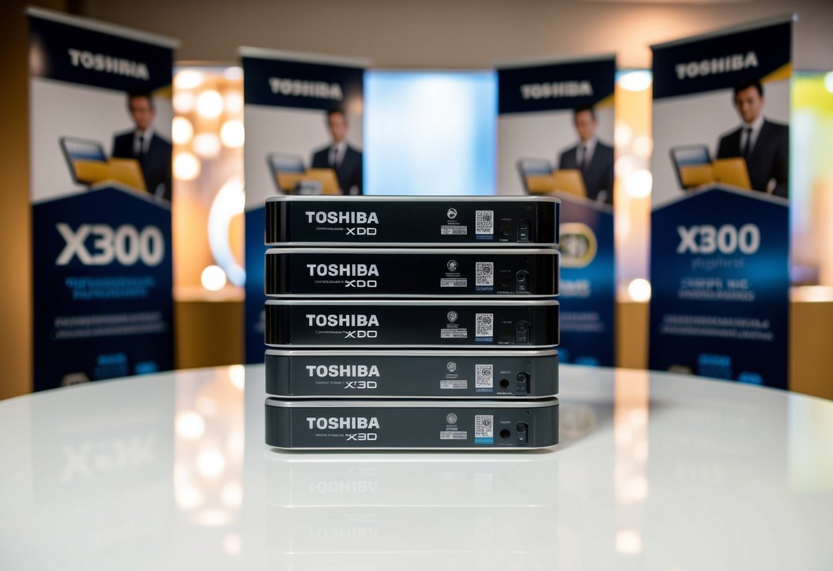 A stack of Toshiba X300 10TB hard drives displayed with promotional banners and logos