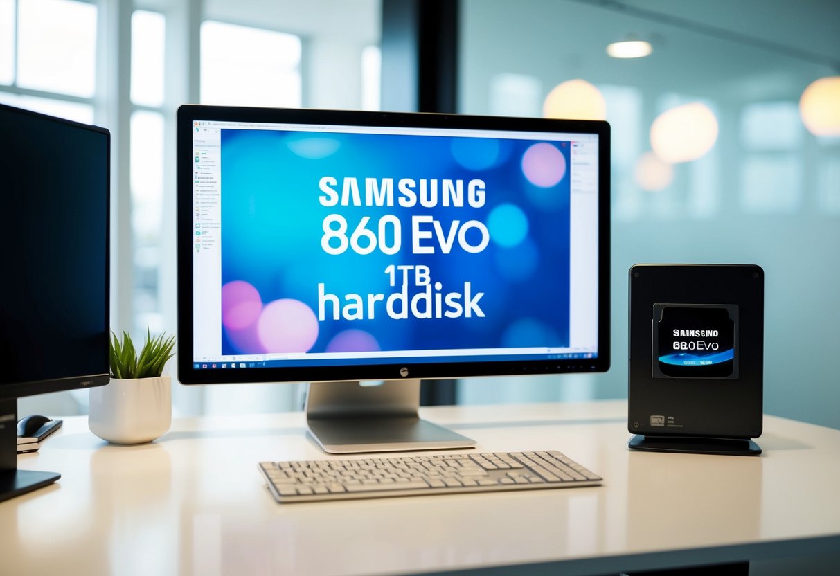 A sleek, modern computer desk with a prominently displayed Samsung 860 EVO 1TB hard disk. Bright promotional signage and a clean, organized workspace