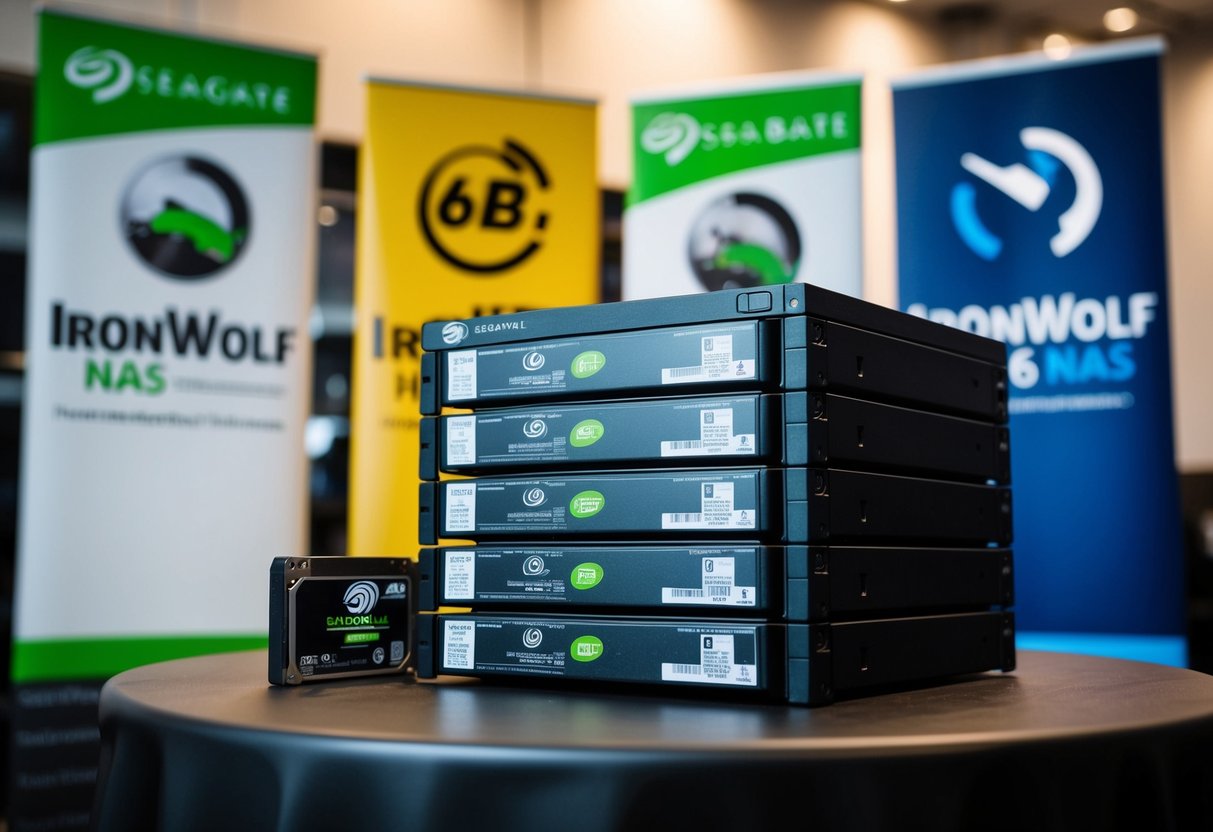 A stack of Seagate IronWolf 6TB NAS hard disks with promotional banners and logos displayed