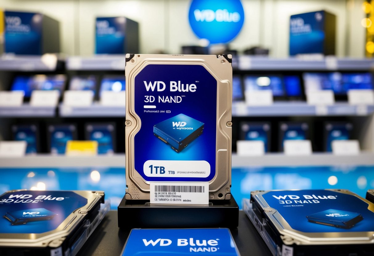 A computer store display showcasing WD Blue 3D NAND 1TB hard disks with promotional signage