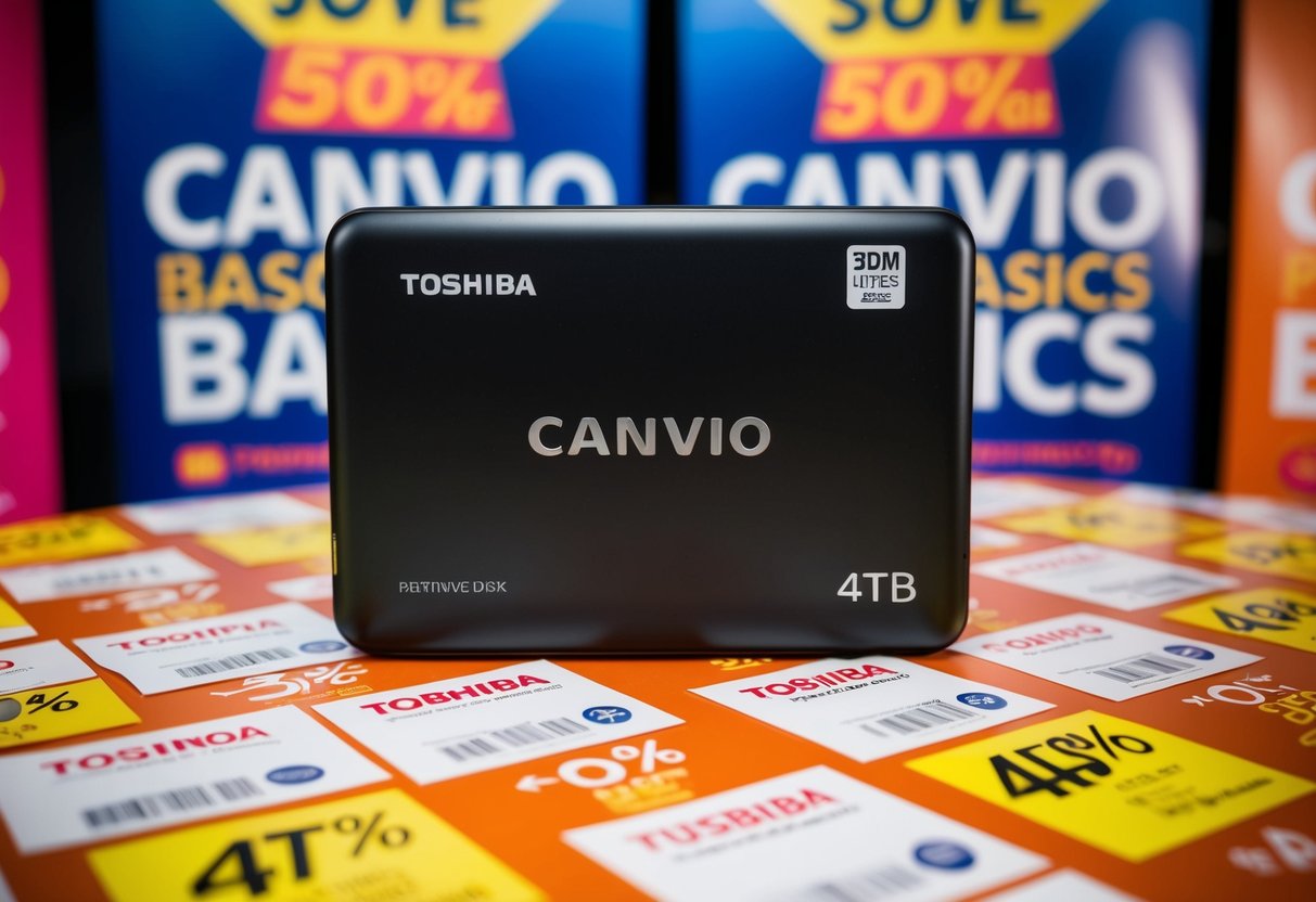 A sleek, black Toshiba Canvio Basics 4TB portable hard disk surrounded by promotional banners and discount tags