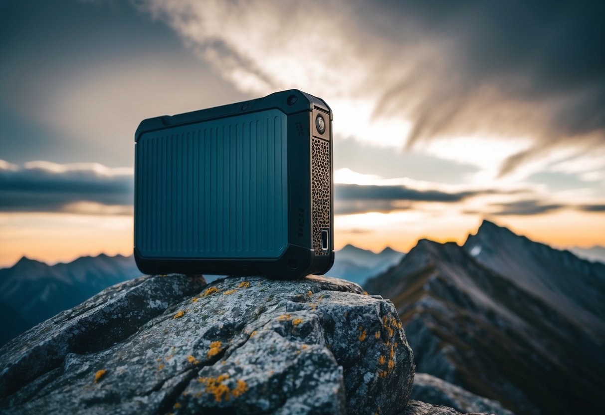 A rugged portable hard disk sits on a rocky mountain peak, with a dramatic sky and rugged terrain in the background