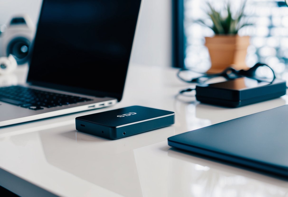 A sleek, compact SSD sits on a clean, modern desk with a laptop and various tech accessories nearby