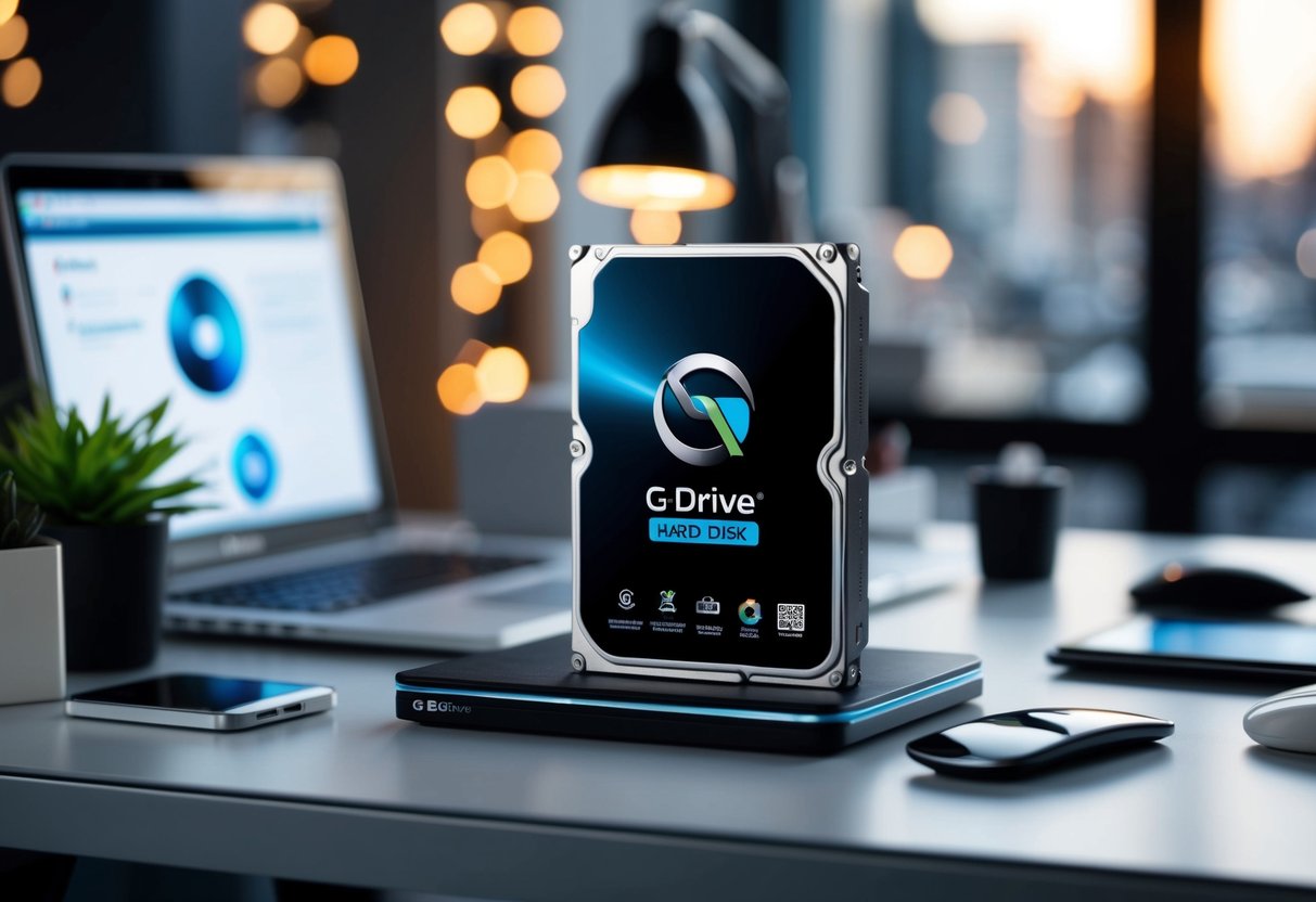 A sleek G-Technology G-Drive 4TB hard disk sits on a modern desk, surrounded by promotional materials and technology accessories