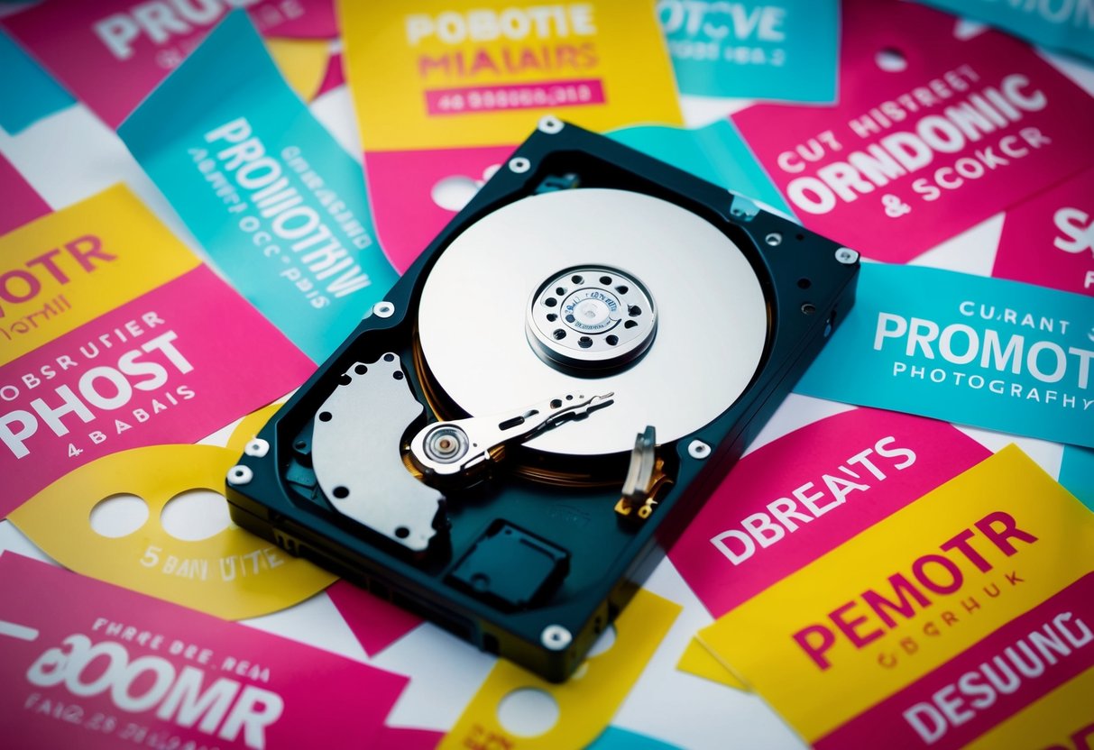 A computer hard disk surrounded by vibrant promotional banners and logos