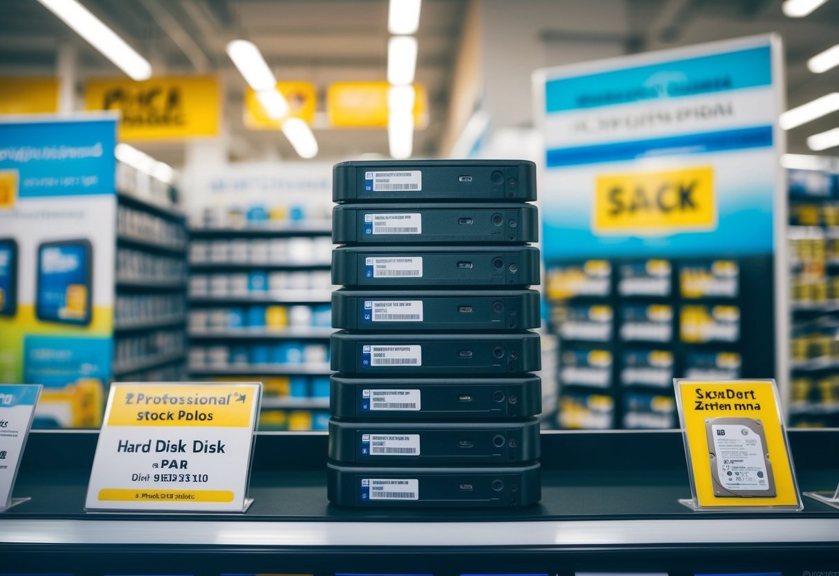 A stack of hard disk drives displayed on a store shelf with promotional signs and banners surrounding them