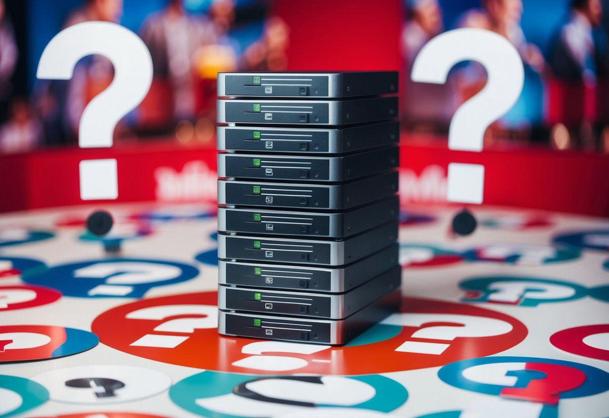 A stack of hard disk drives surrounded by question marks and promotional banners