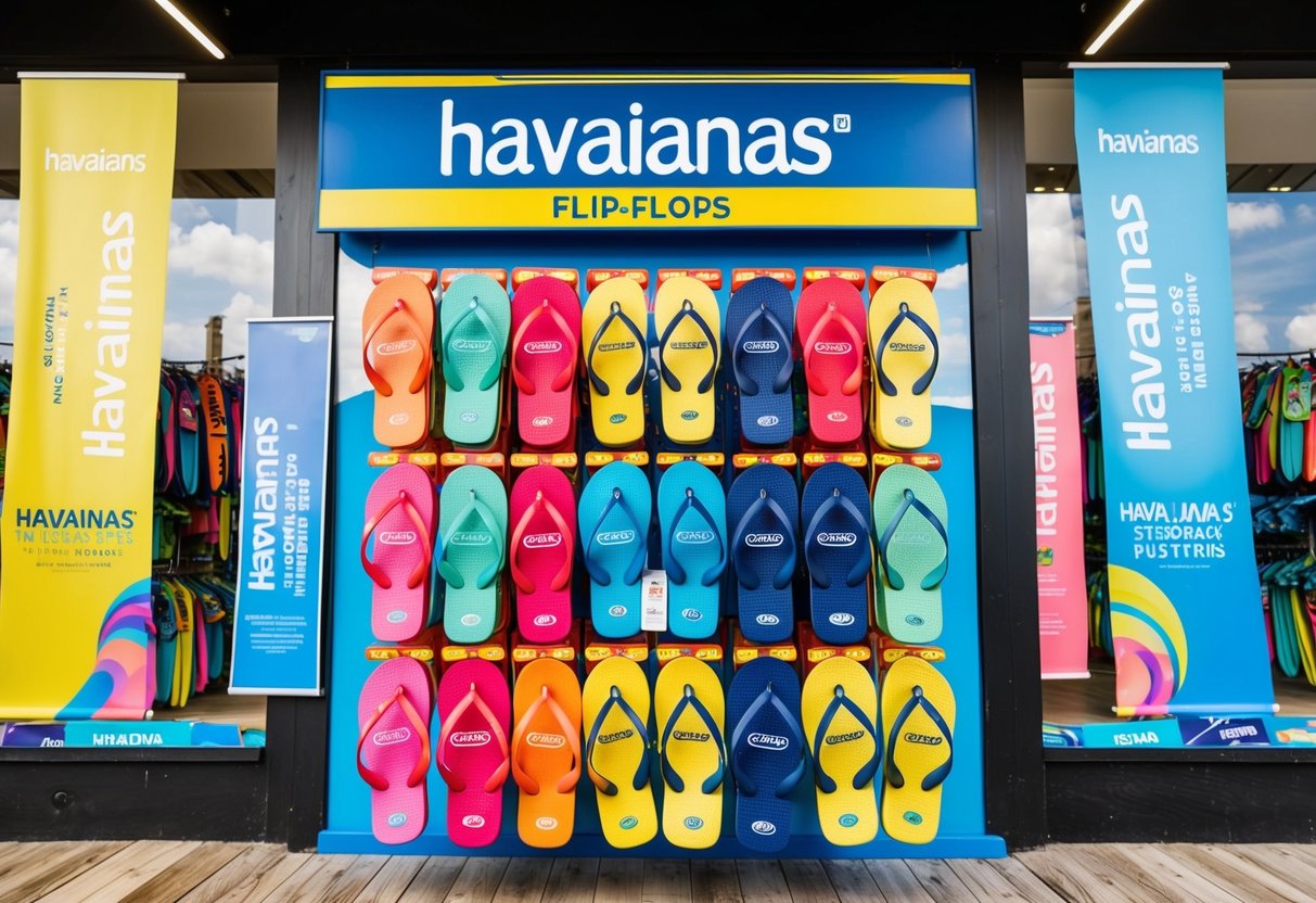 A colorful display of Havaianas flip-flops with promotional signs and banners in a beachfront store