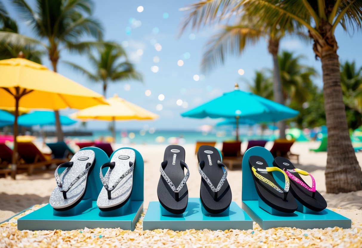 A beach scene with sparkling Havaianas sandals on display, surrounded by palm trees and colorful umbrellas