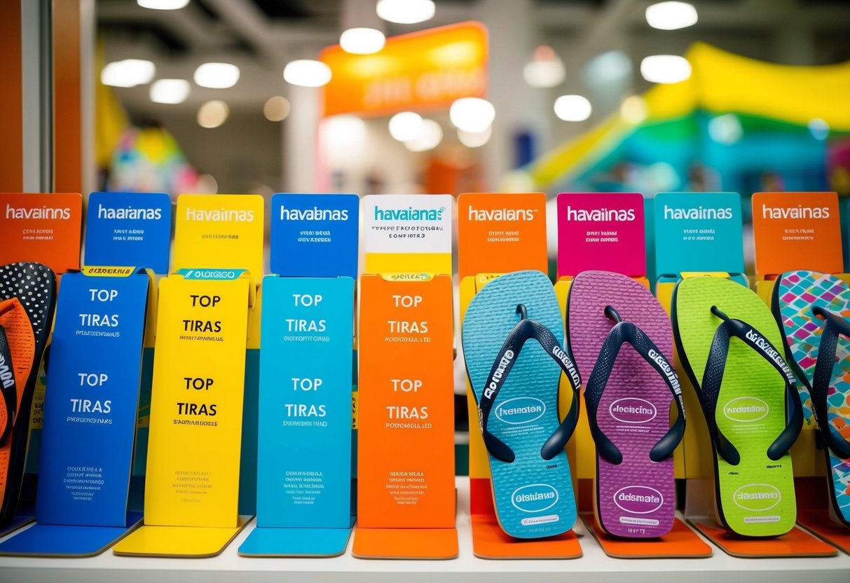 A colorful display of Havaianas Top Tiras sandals with promotional signs
