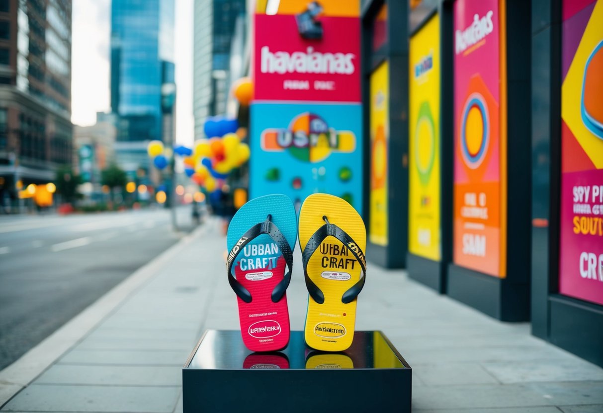 Colorful Havaianas Urban Craft sandals displayed on a modern city sidewalk with vibrant promotional signage and urban decor