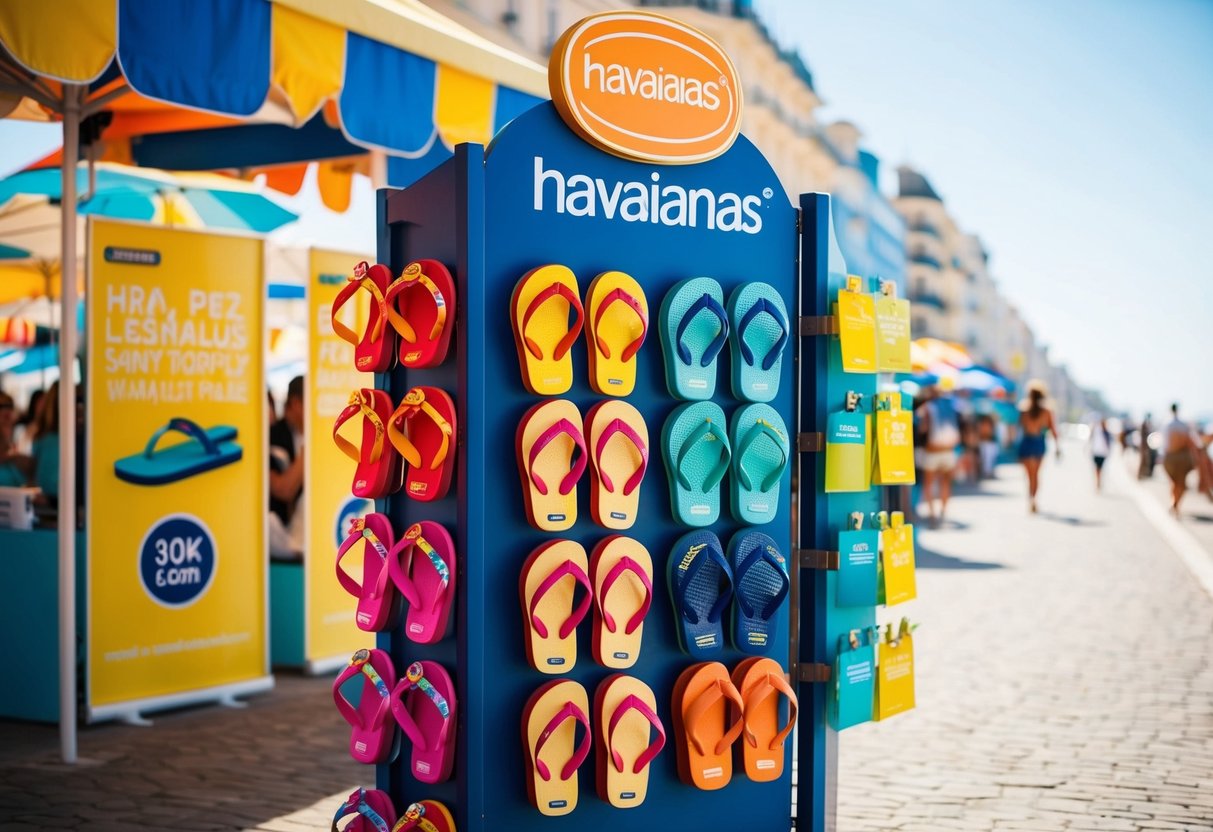 Colorful Havaianas sandals displayed on a sunny beachside promenade in Saint Tropez, with promotional signs and a lively atmosphere