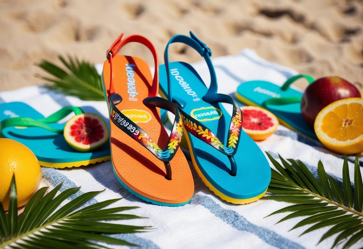 Colorful Havaianas Slim Tropical sandals displayed on a beach towel with tropical fruits and palm leaves scattered around