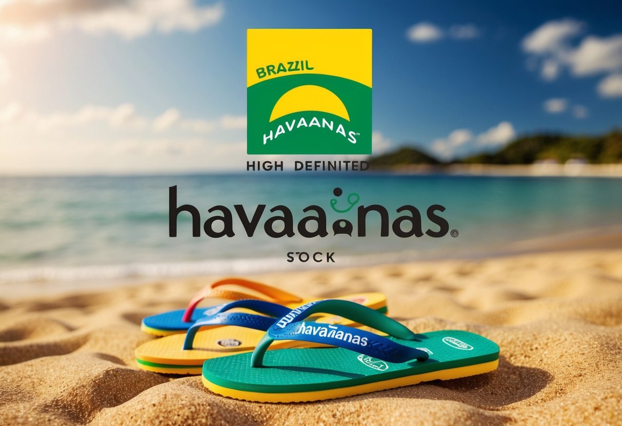A vibrant beach scene with colorful Havaianas sandals and the iconic Brazil logo displayed prominently. Sunny and inviting atmosphere