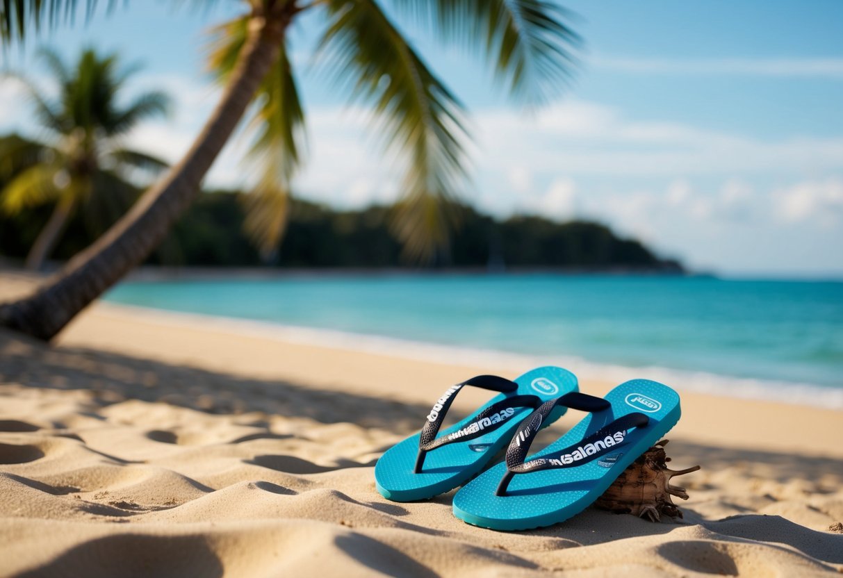 A beach scene with palm trees and Havaianas Slim sandals on the sand
