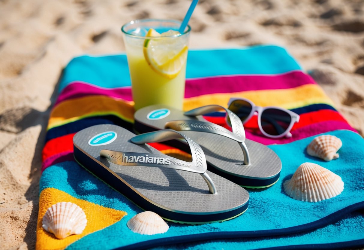 A beach scene with metallic Havaianas sandals on a vibrant towel, surrounded by seashells and a refreshing drink