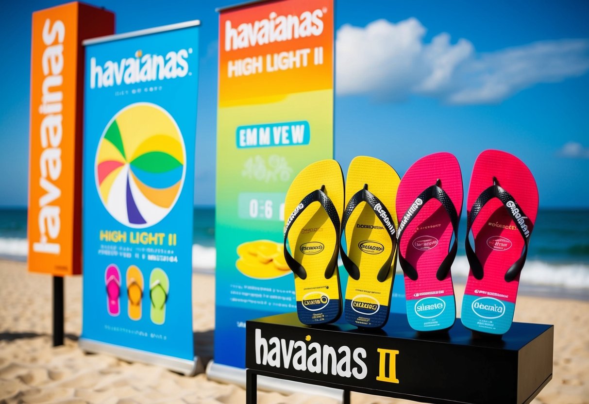 A vibrant beach scene with colorful Havaianas High Light II sandals displayed next to promotional signs
