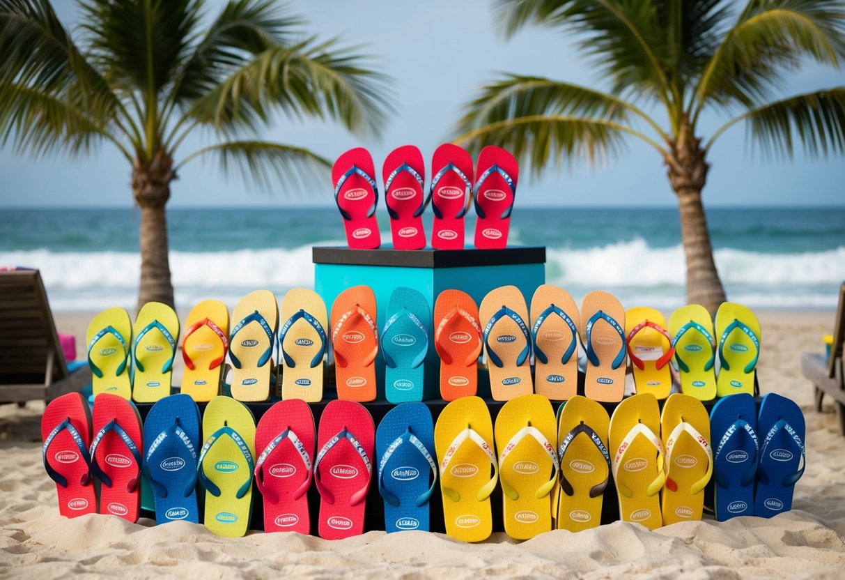 A colorful display of Havaianas flip-flops arranged in a beach-themed setting with palm trees, sand, and ocean waves in the background