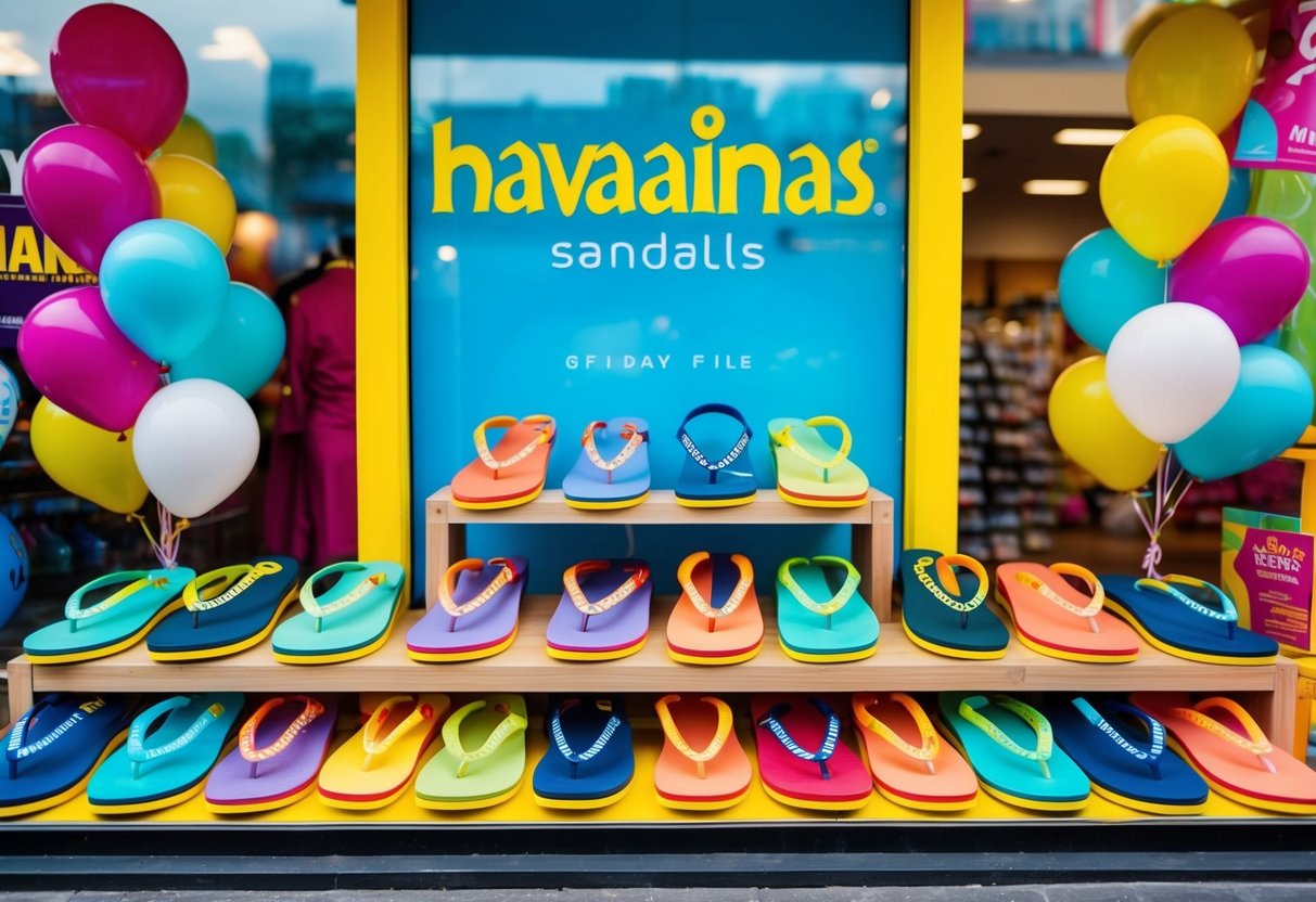 Colorful Havaianas sandals displayed in a vibrant store window with promotional signs and balloons