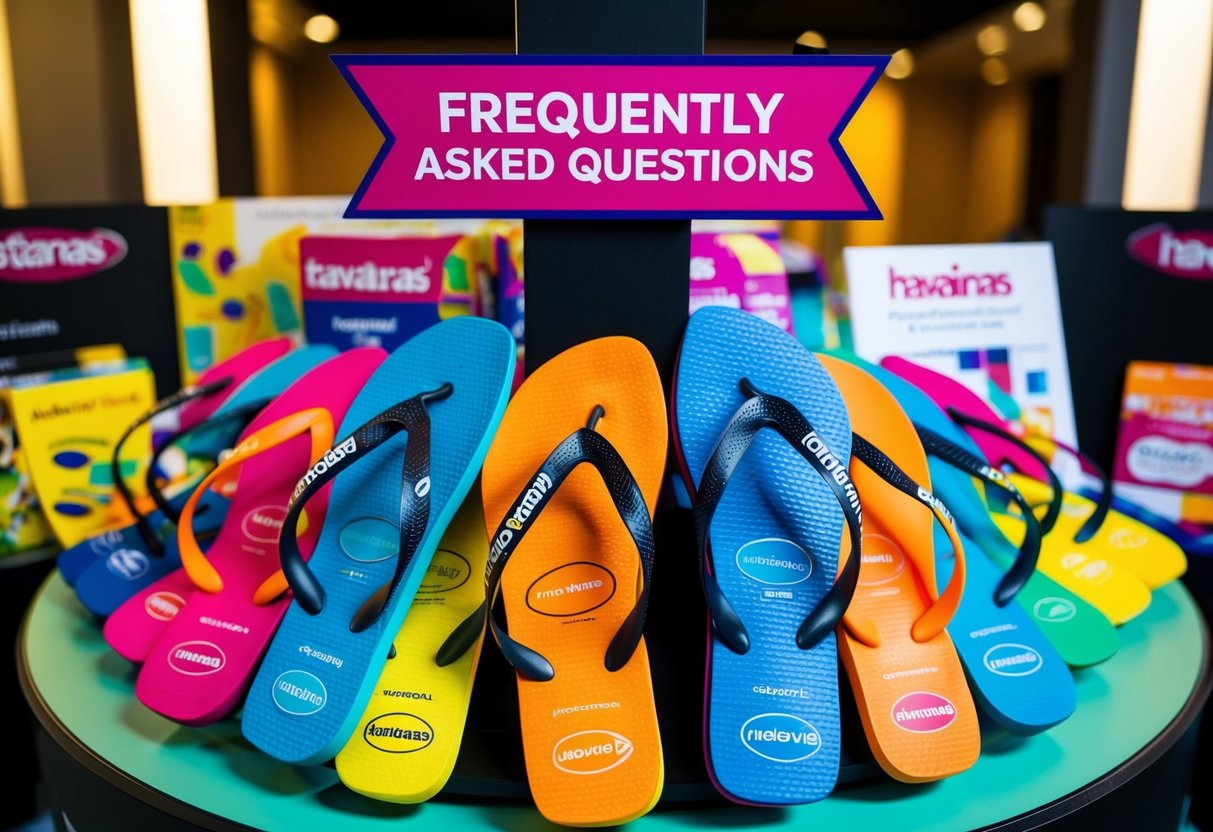 A colorful display of Havaianas flip-flops with a "Frequently Asked Questions" banner above, surrounded by promotional materials