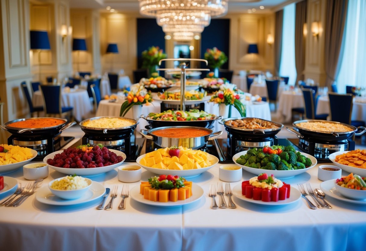 A lavish hotel buffet spread with colorful dishes and elegant table settings