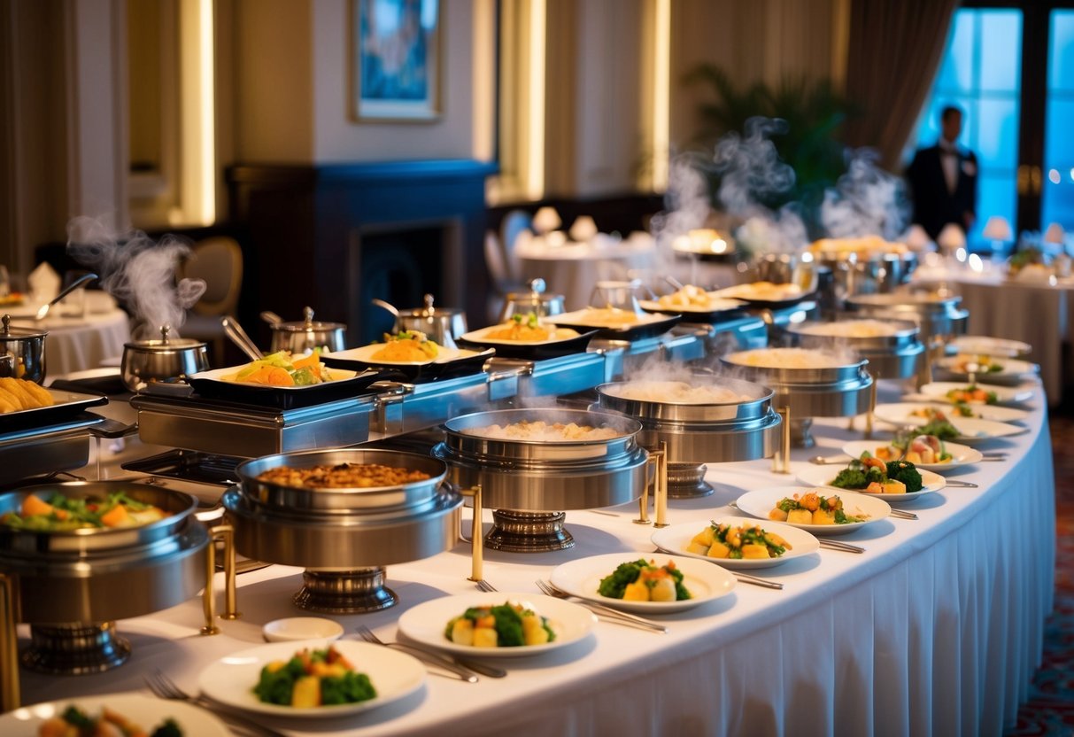 A lavish buffet spread at The Dorchester hotel, featuring a variety of steaming dim sum dishes and elegant table settings