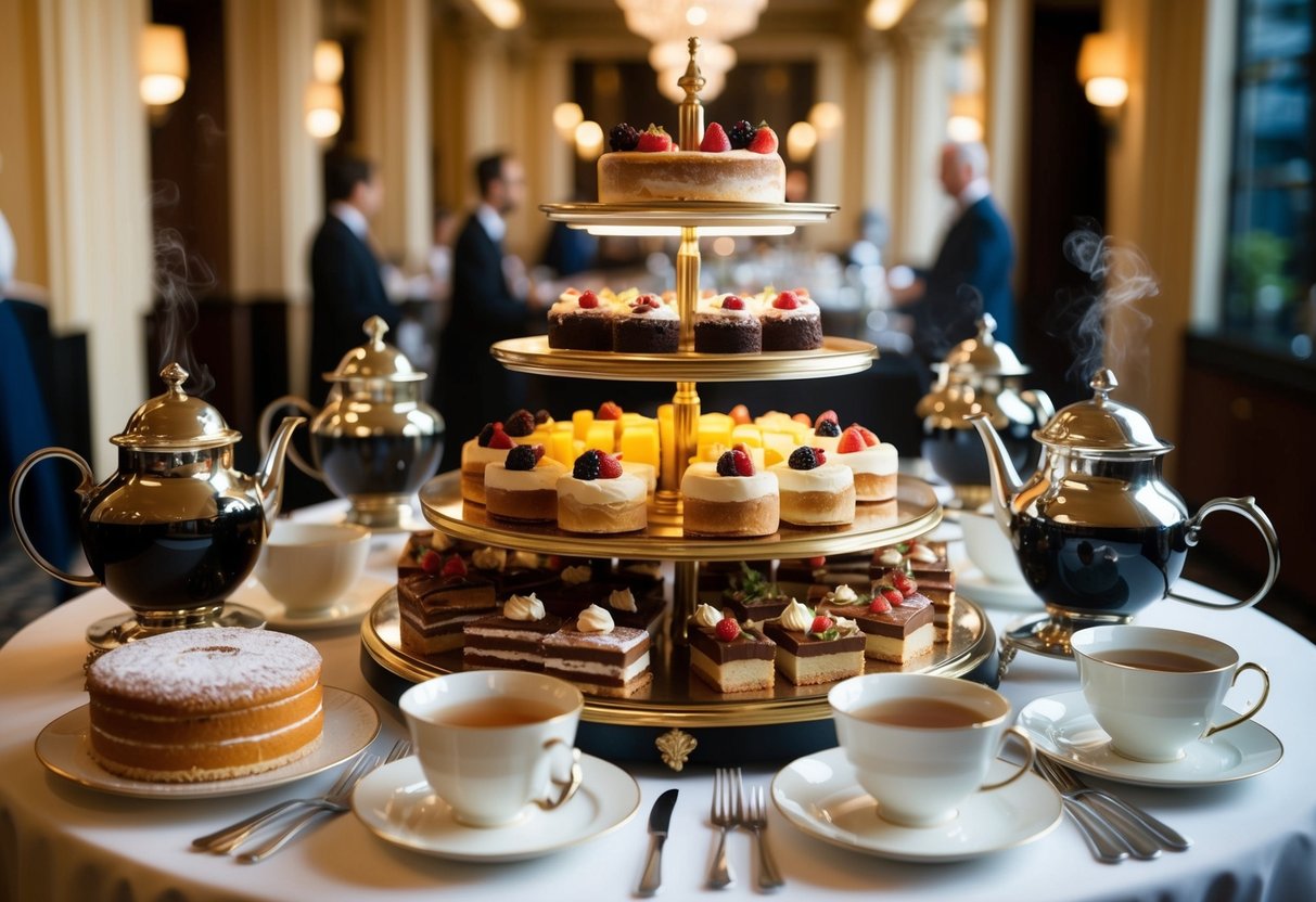 A lavish display of tiered cake stands, delicate pastries, and steaming pots of tea at Claridge's hotel buffet promotions