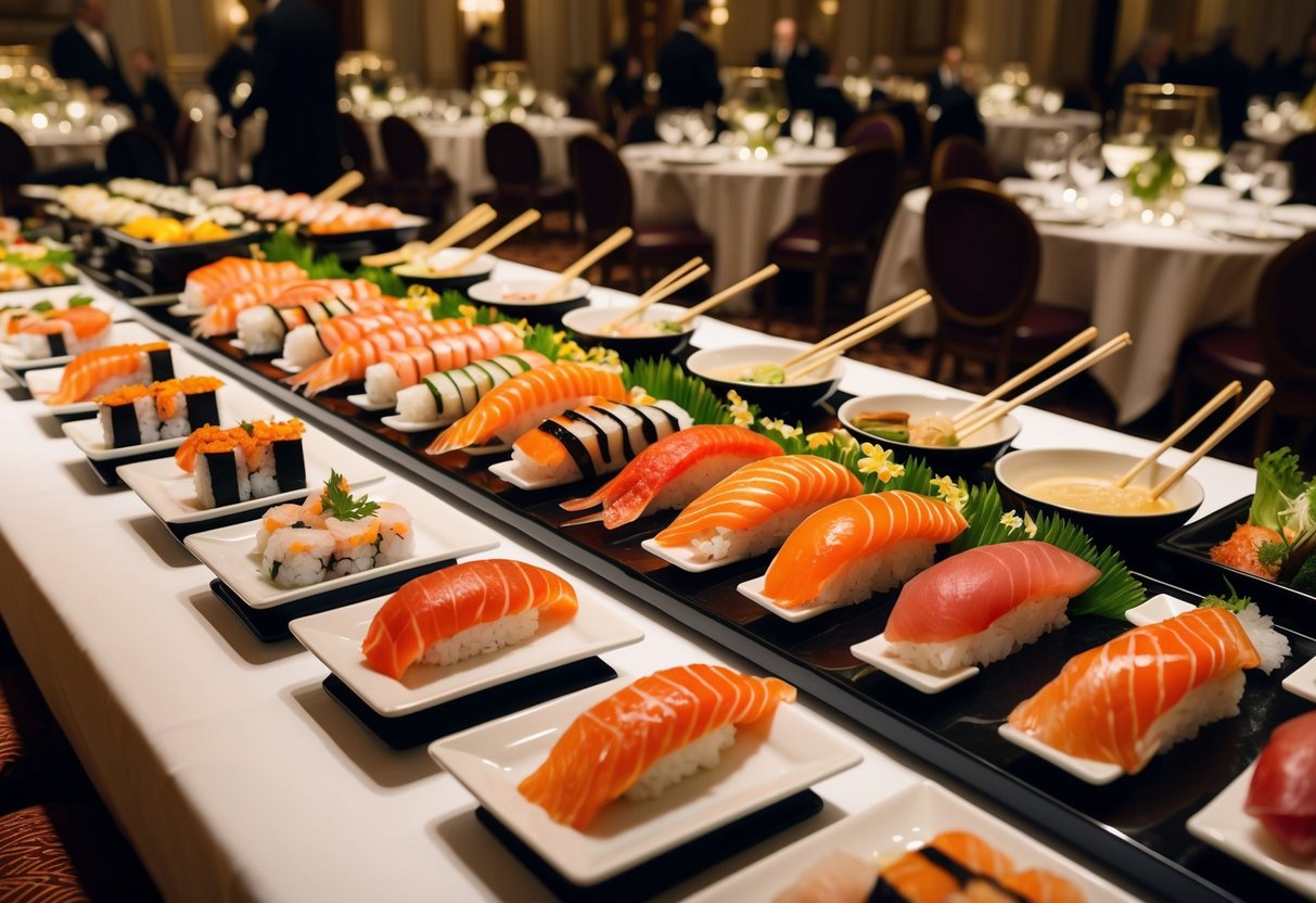 A lavish buffet spread of sushi and sashimi at The Savoy hotel, with elegant table settings and a bustling atmosphere