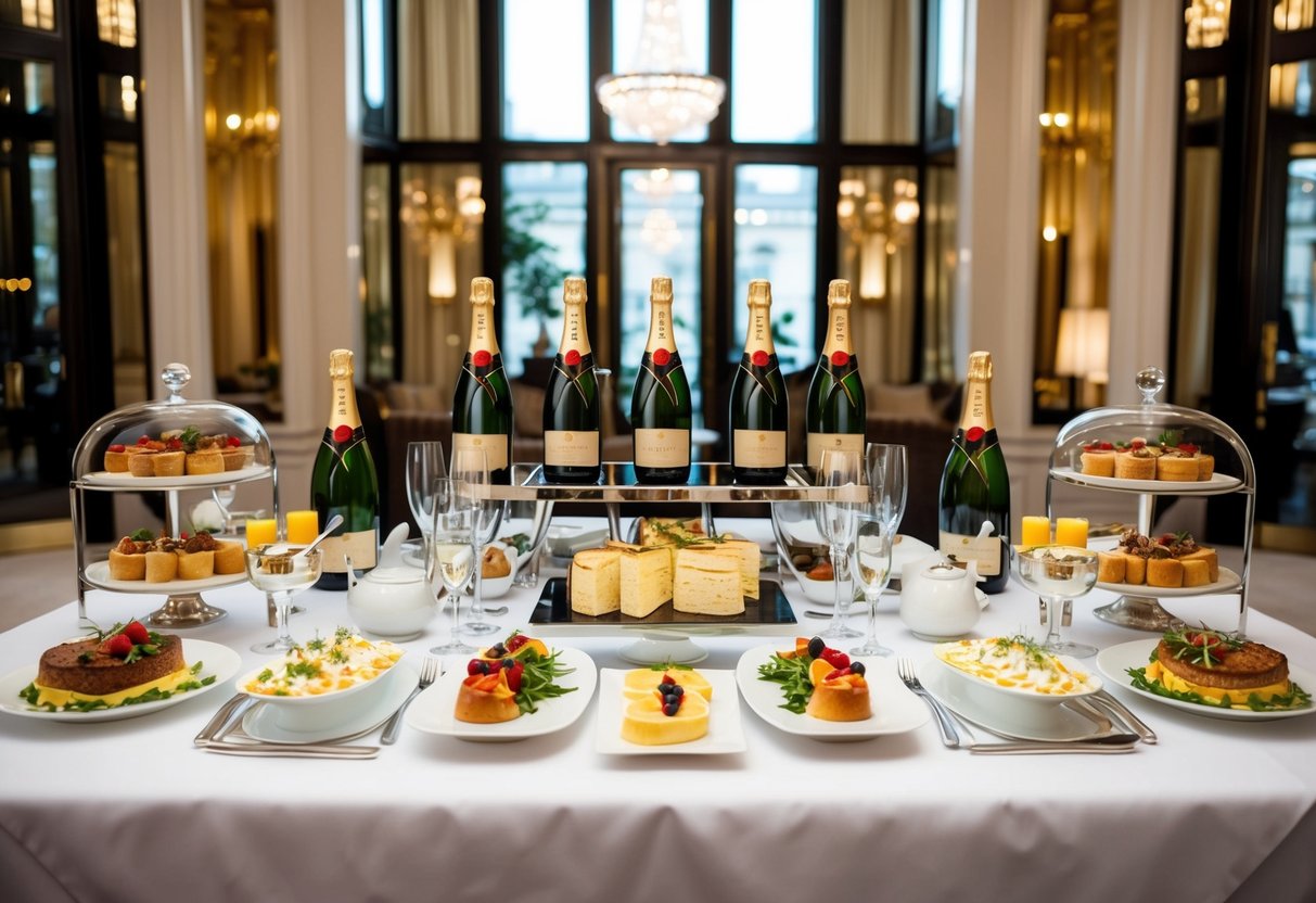 A lavish buffet spread at The Ritz London, featuring a display of champagne bottles, elegant glassware, and an assortment of gourmet breakfast items