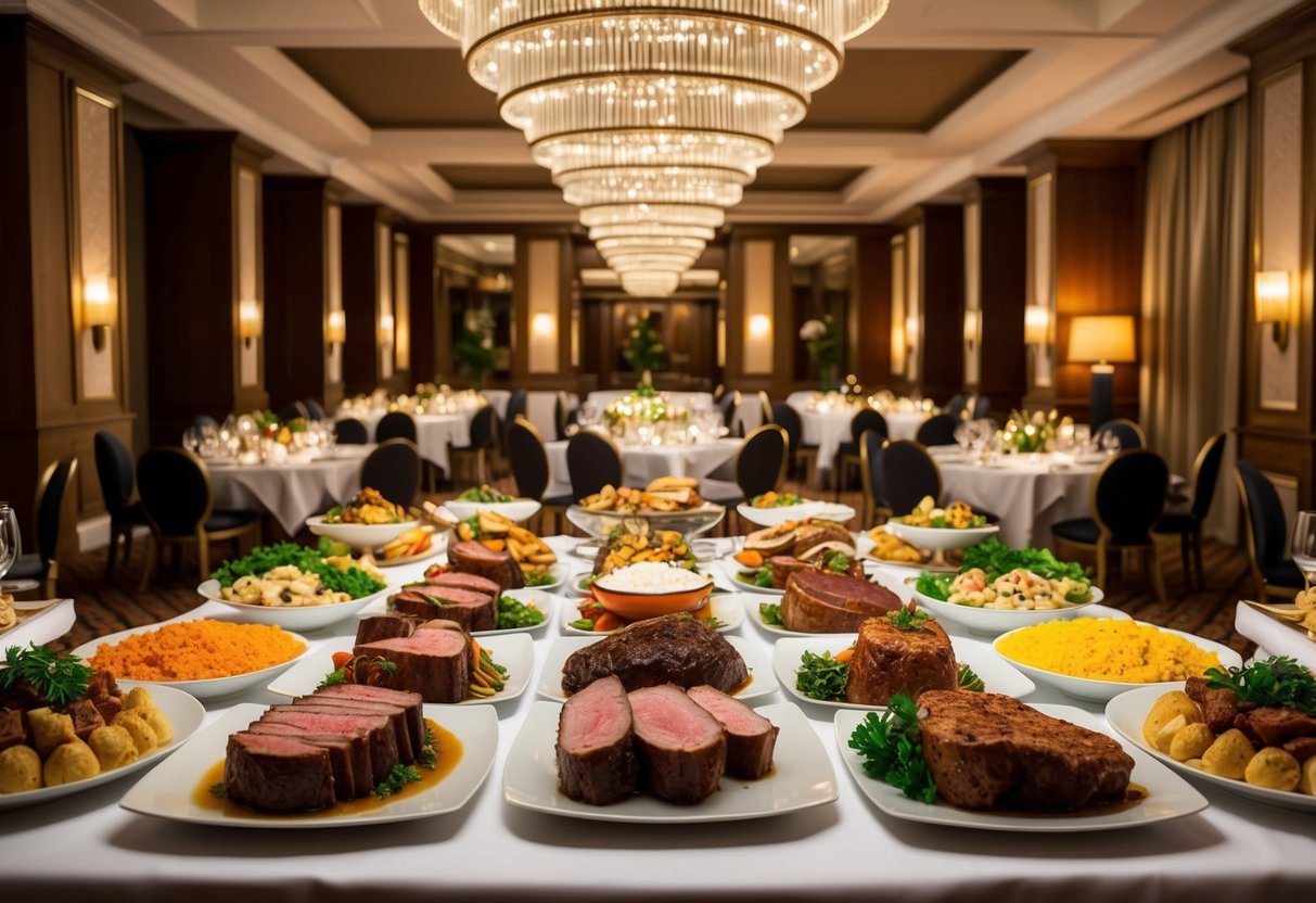 A lavish buffet spread at The Grosvenor hotel, featuring a variety of succulent meats and delectable sides, with elegant table settings and warm, inviting lighting
