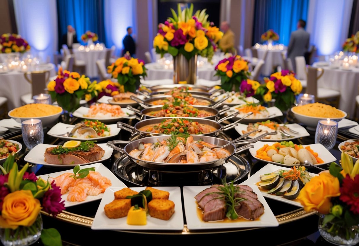 A lavish buffet spread featuring a variety of seafood and meat dishes, surrounded by elegant table settings and vibrant floral arrangements