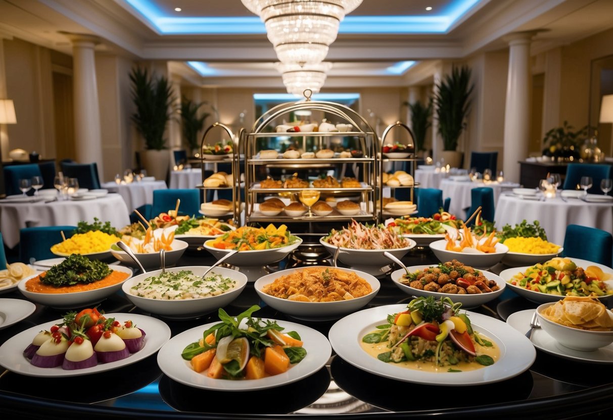 A lavish buffet spread at The Langham hotel, featuring an array of Mediterranean dishes, from fresh seafood to vibrant salads and delectable desserts