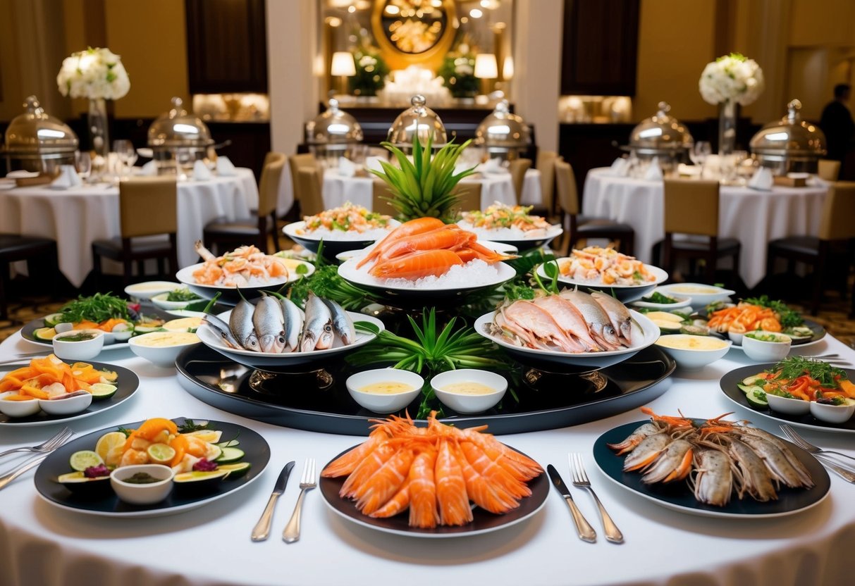 A lavish display of fresh seafood and elegant table settings at The Corinthia hotel's buffet promotion