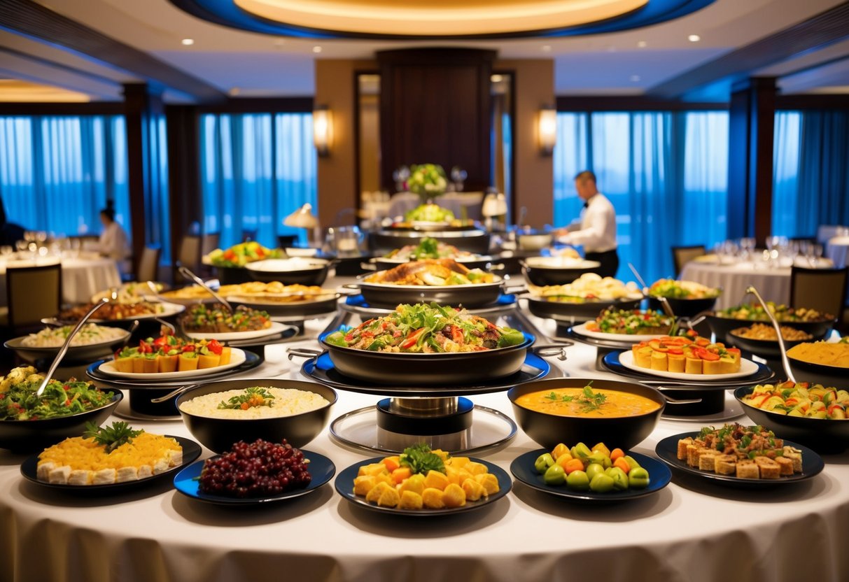 A lavish buffet spread at Park Plaza hotel, featuring international cuisine from around the world in a vibrant and bustling atmosphere
