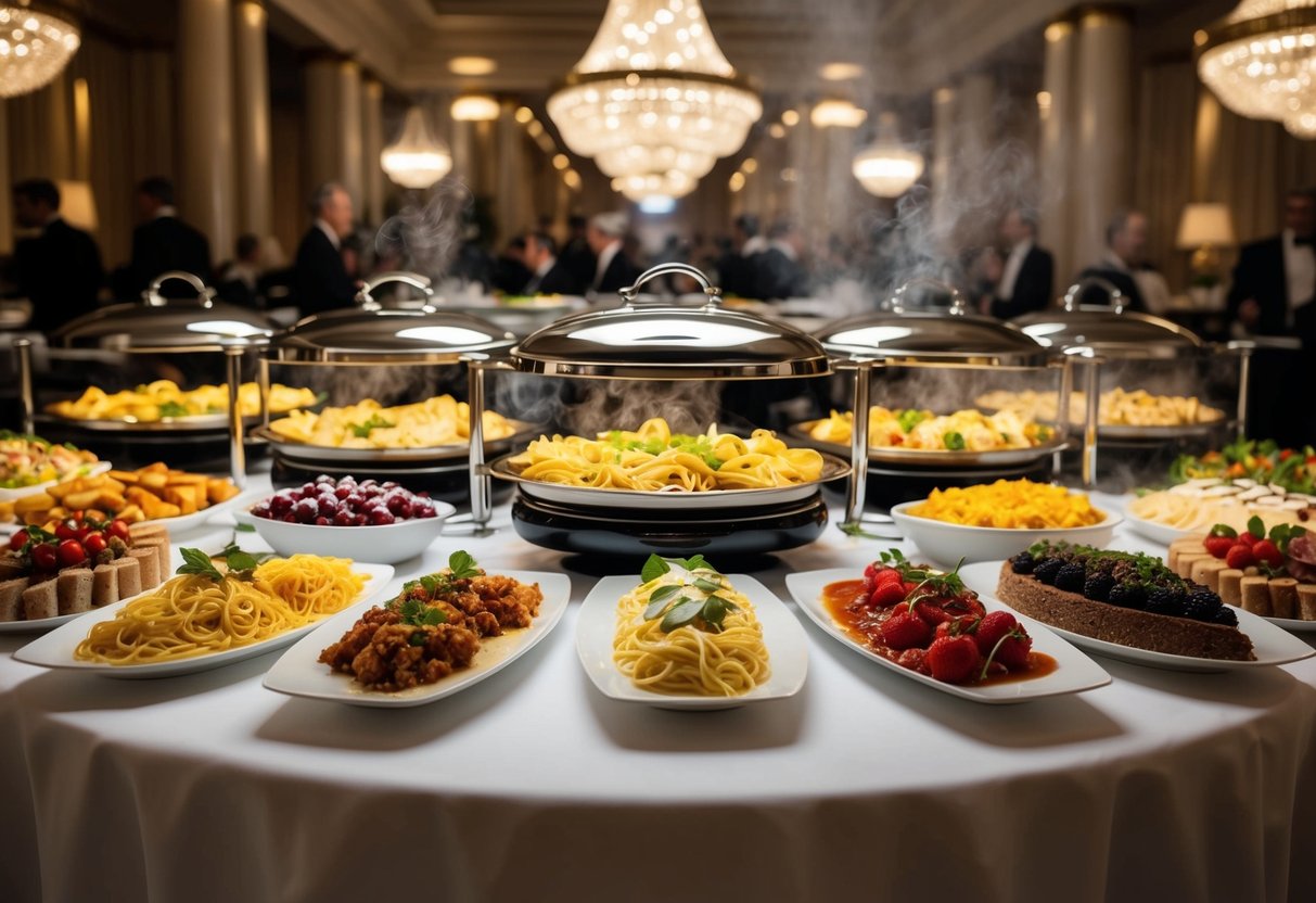 A grand buffet spread of Italian classics at The Waldorf hotel, with steaming pasta dishes, fresh antipasti, and decadent desserts