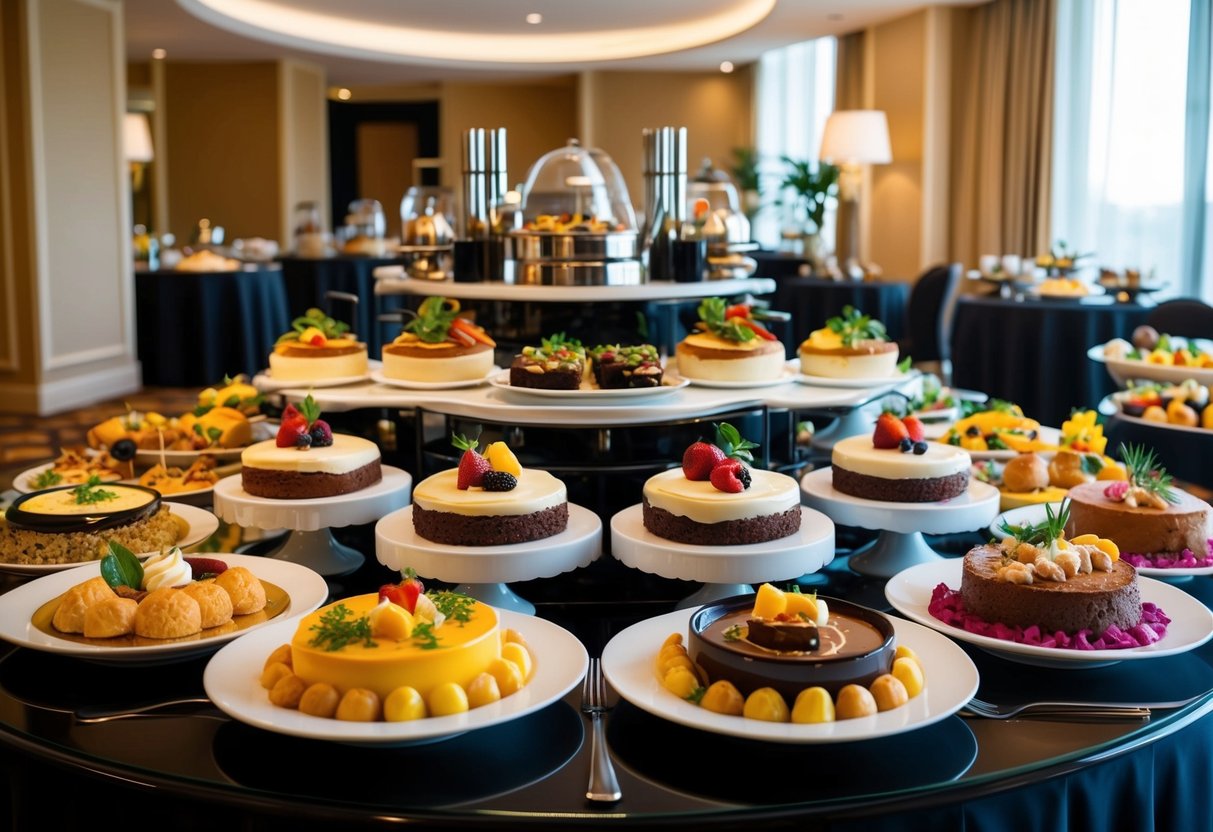A colorful spread of gourmet dishes and decadent desserts on display at a hotel buffet, with elegant table settings and a welcoming ambiance