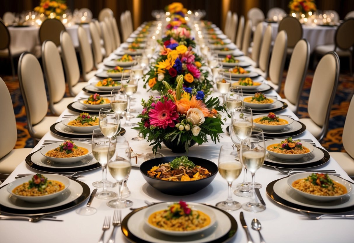 A lavish spread of gourmet dishes arranged on a long banquet table, surrounded by elegant dining settings and adorned with colorful floral centerpieces