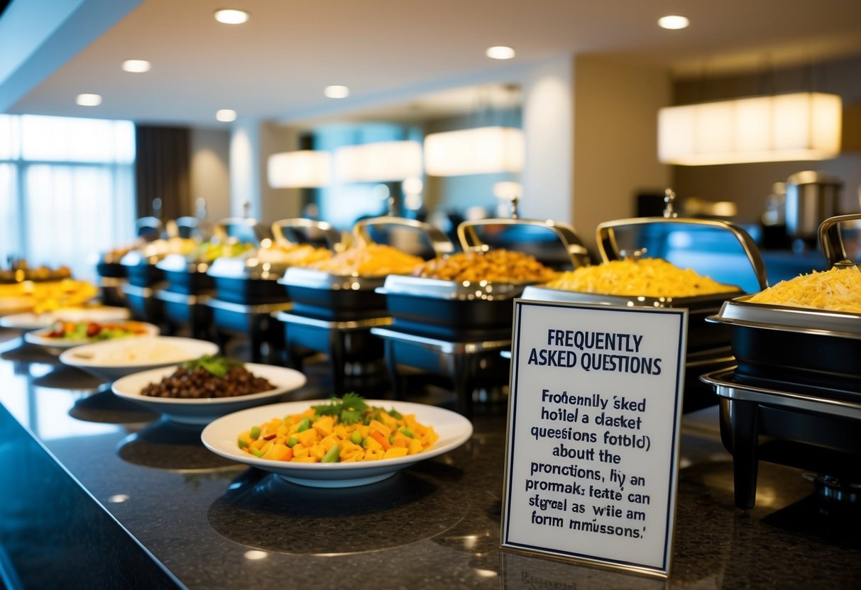 A hotel buffet with a variety of dishes and a sign promoting frequently asked questions about the promotions displayed prominently