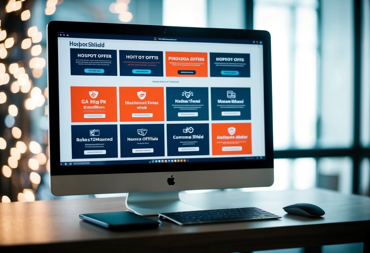 A computer screen displaying various promotional offers for Hotspot Shield