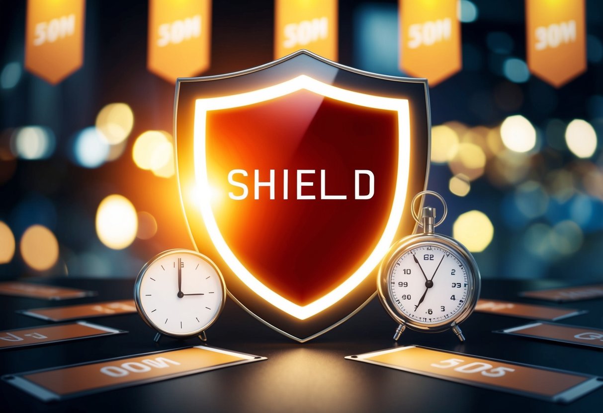 A glowing shield symbol with a timer and promotional banners surrounding it