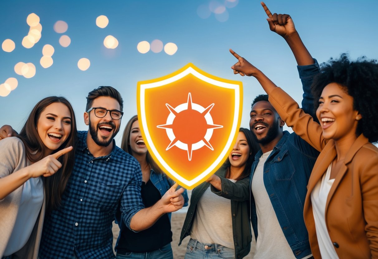 A group of friends celebrating and cheering, with one person pointing excitedly at a glowing hotspot shield symbol