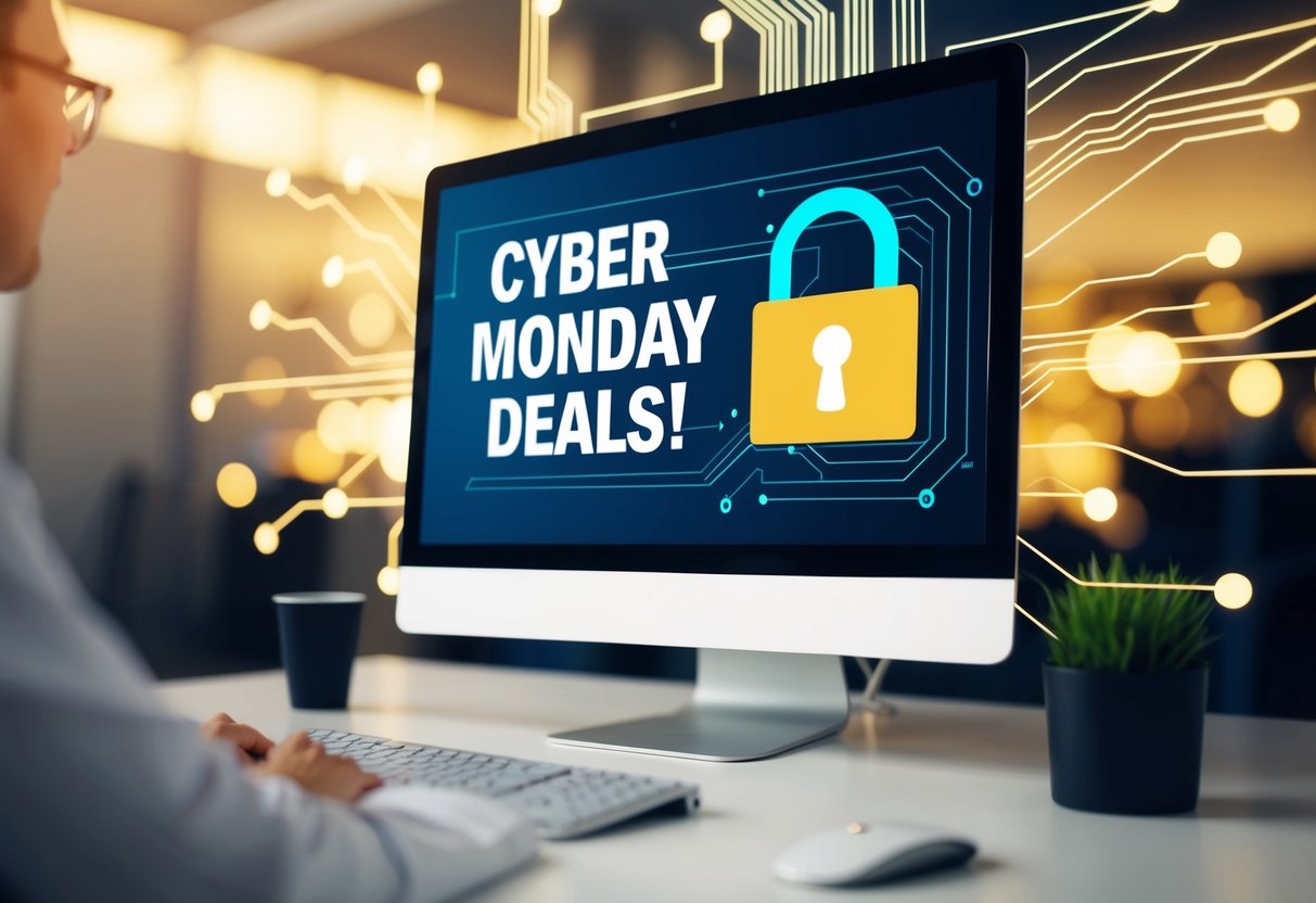 A computer screen with a "Cyber Monday Deals!" banner and a digital lock symbol, surrounded by glowing lines and circuitry