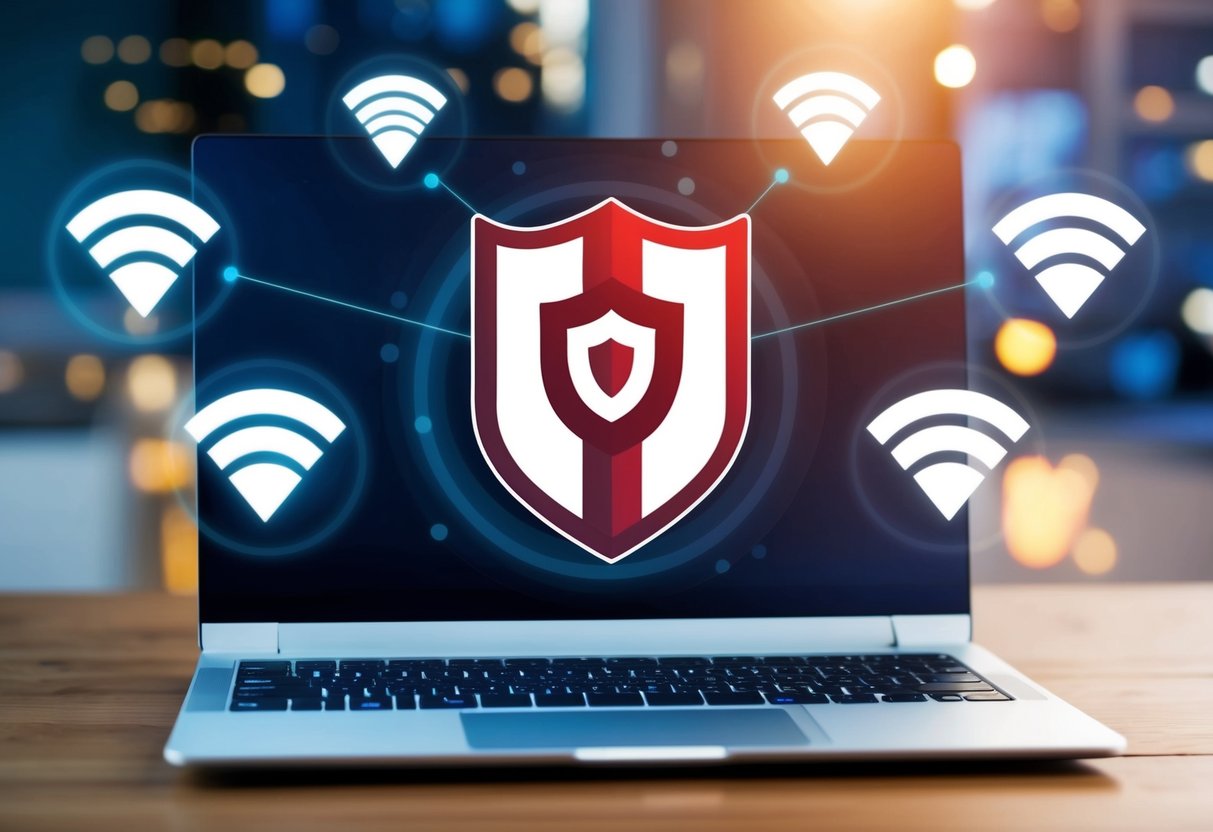 A laptop with a shield logo surrounded by virtual hotspot symbols