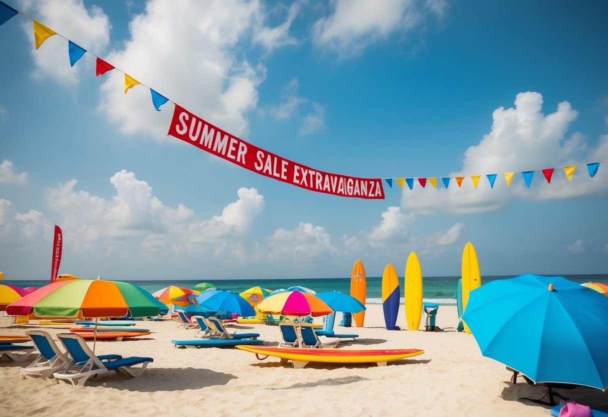 A vibrant beach scene with colorful umbrellas, surfboards, and a "Summer Sale Extravaganza" banner flying in the breeze