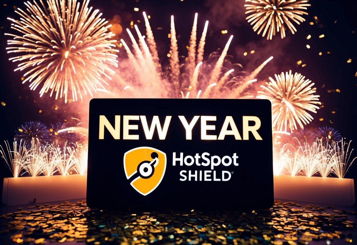 A festive display of fireworks and confetti surrounding a glowing "New Year Discounts" sign with the Hotspot Shield logo
