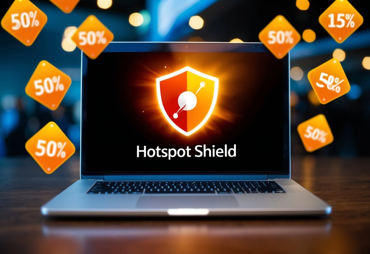 A laptop with a glowing hotspot shield logo, surrounded by floating discount symbols