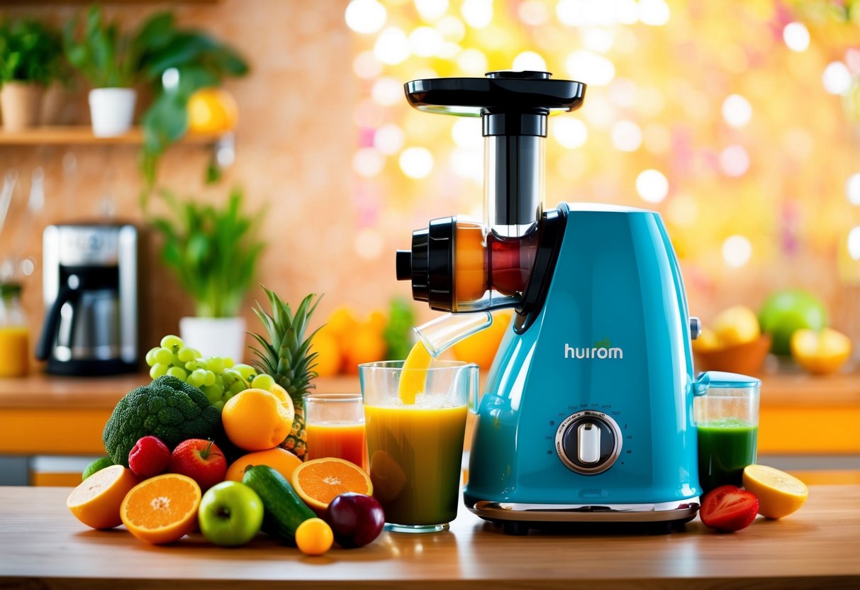 A colorful array of fruits and vegetables being juiced by a sleek and modern Hurom juicer